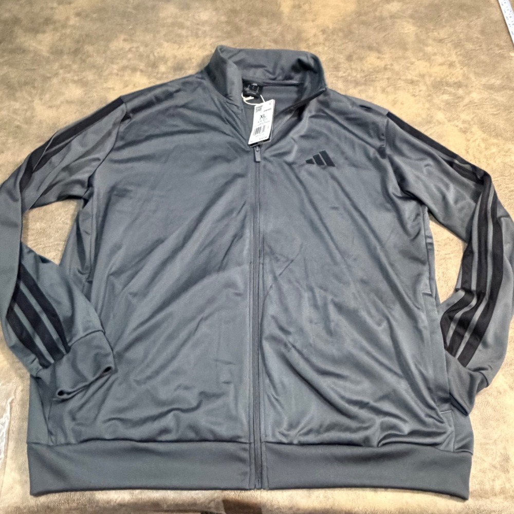 Adidas Track Jacket Mens XL Grey 3-Stripe Full Zip Tricot JN6489